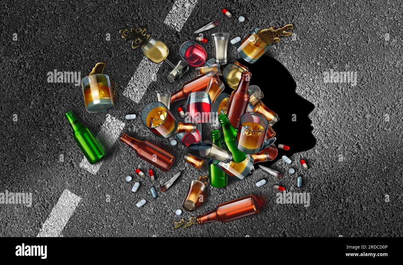 Fahren unter Alkoholeinfluss oder Alkohol am Steuer und beeinträchtigte Trunkenheit am Steuer als Symbol für die gefährliche Gefahr des illegalen Alkoholkonsums oder Alkoholkonsums Stockfoto