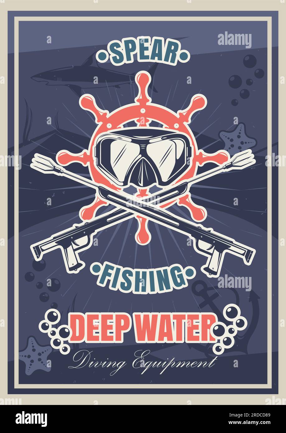 Tauchen und Speerfischen, klassische Typografie-Postervorlage, Vektordarstellung Stock Vektor