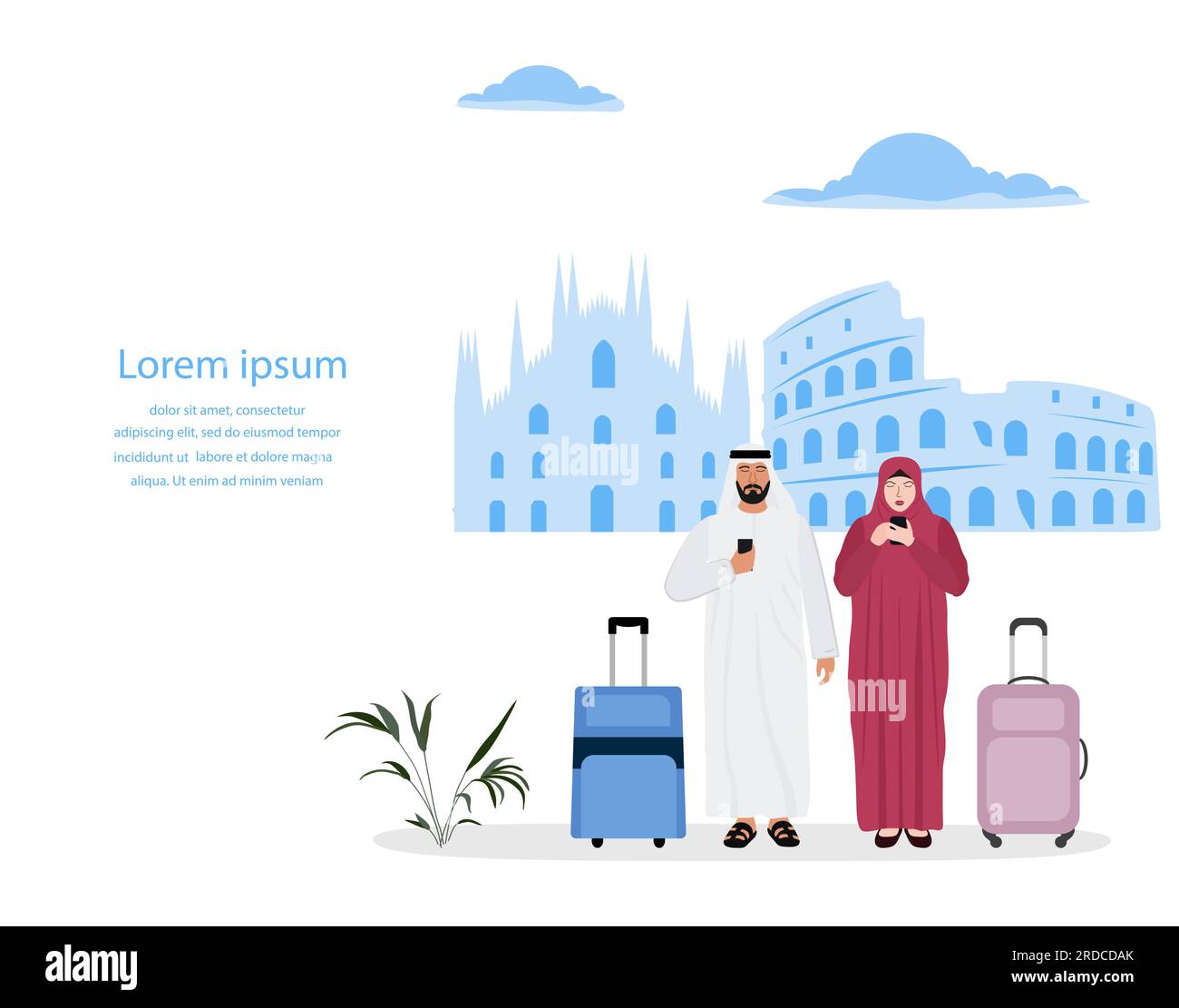 Vektordarstellung muslimischer Mann, Frau mit Koffern, benutzt Handys. Tourist. Die Leute machen Fotos, Selfies. Italien Europa Sommerurlaub. Reisen und ein Stock Vektor