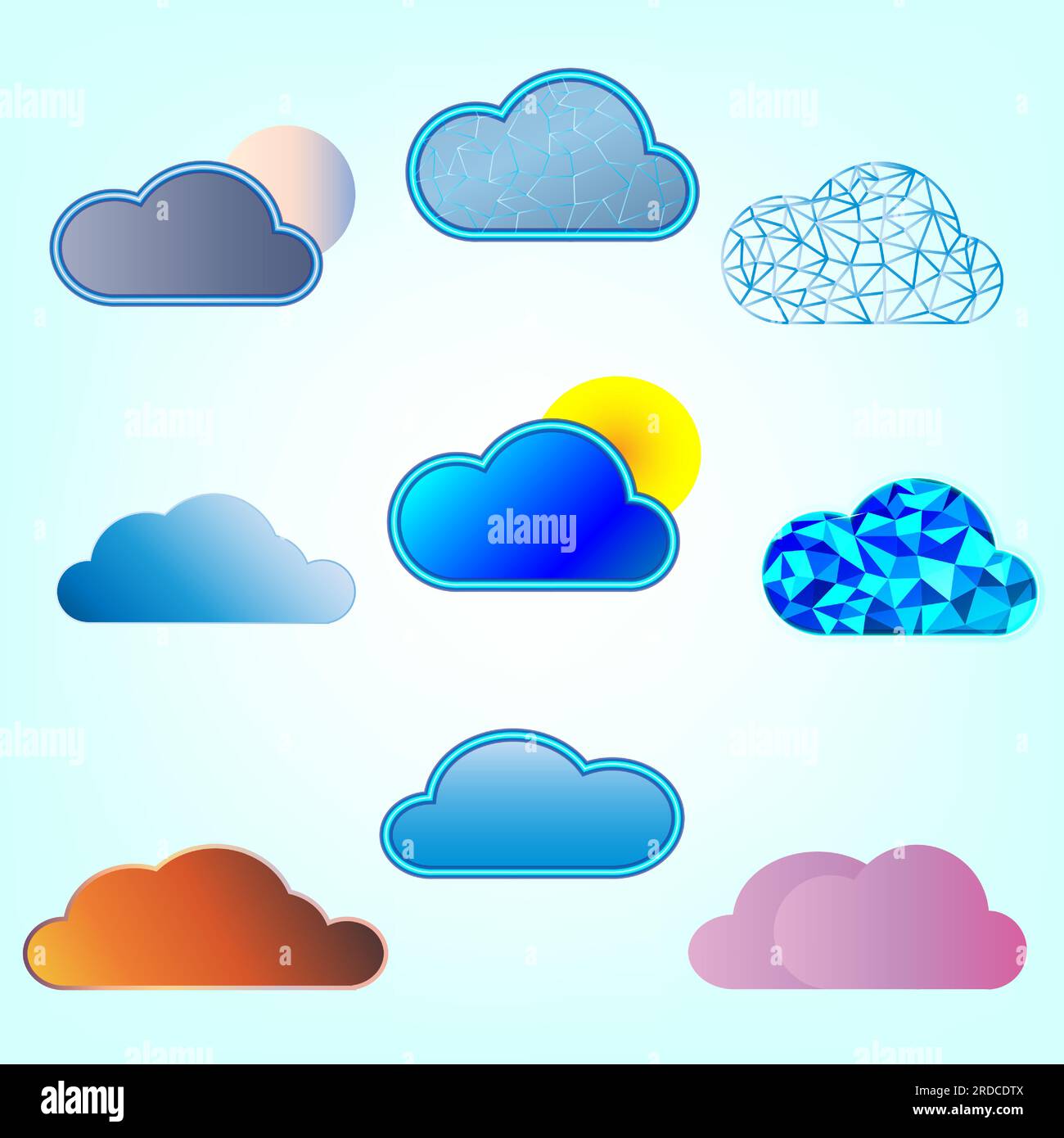 Sammlung von Icon Cloud Atmosphäre Wetter Download Netzwerk Speicher Technologie Schilder Symbol Dekoration abstrakte Hintergrund Vektordarstellung Stock Vektor
