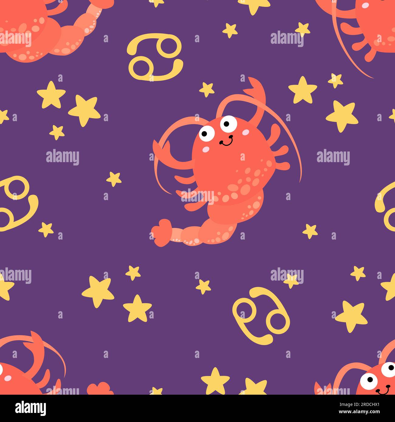 Süße Zeichen eines Zodiakalmusters mit Krebs. Handgezeichnete, trendige Vektordarstellung für Kinder im flachen Stil. Stock Vektor