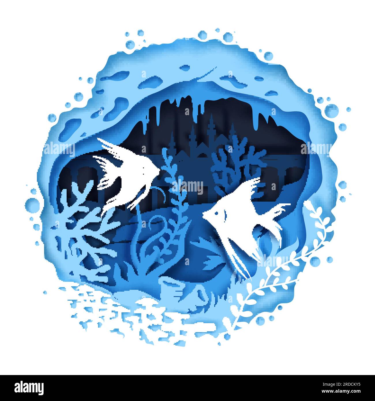 Vektorschichten in Papierschnitt-Stil Unterwasserhöhle, tropische exotische Fische, Wasserpflanzen und versunkene Stadtgebäude. Aquarium, Tiefsee-Bodenlandschaft, f Stock Vektor