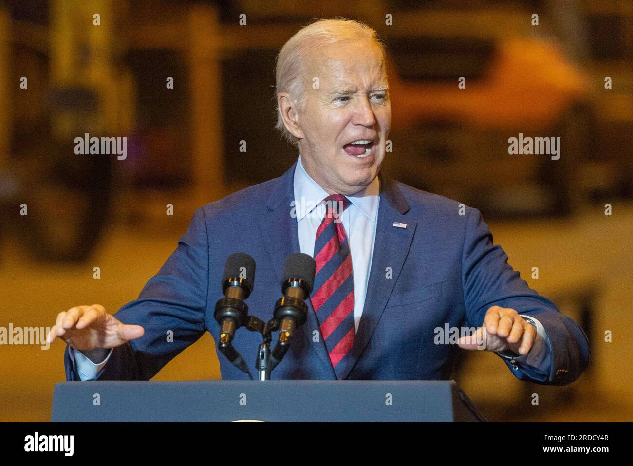 Philadelphia, Usa. 20. Juli 2023. Präsident Joe Biden spricht am Donnerstag, den 20. Juli 2023, auf der Werft in Philadelphia über seinen Wirtschaftsplan. Foto: Laurence Kesterson/UPI Credit: UPI/Alamy Live News Stockfoto