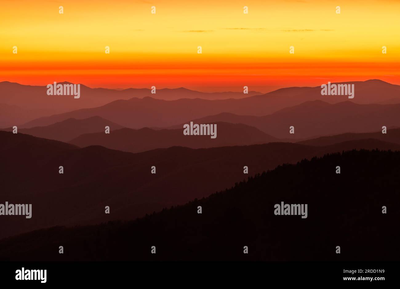 Rot und Orange dominieren den Himmel über den Bergen des Great Smoky Mountains National Park am Clingmans Dome. Stockfoto