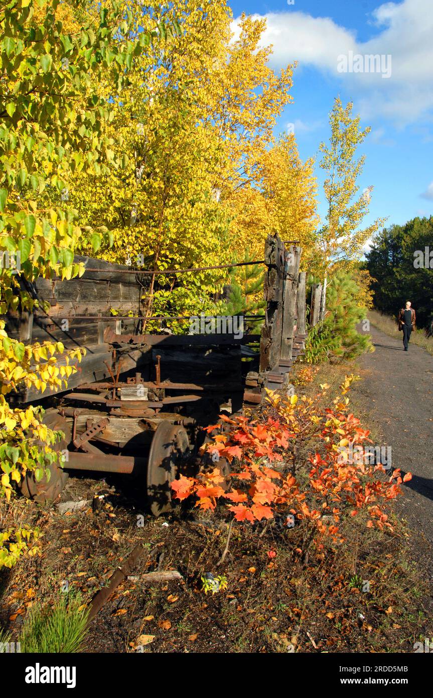 Ältere Männer sehen die Überreste von Holzkohleautos, die von der Quincy Copper Mine in Upper Penninsula, Michigan, verwendet werden. Stockfoto