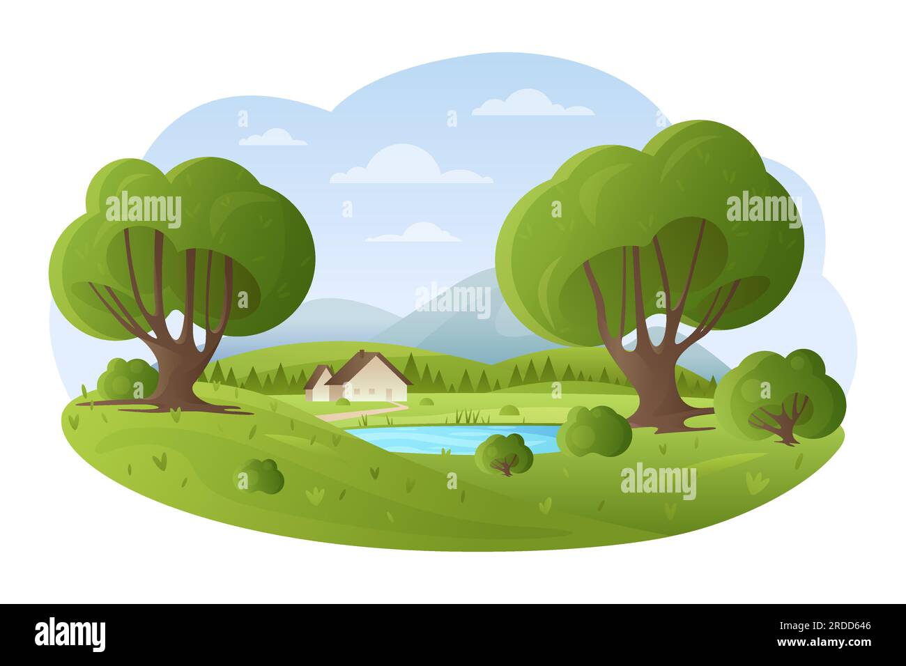 Cartoon niedliche Naturszene mit Blumen auf grünen Bäumen und Gras, blauer Himmel und Wasser des Teiches, malerische Dorfstraße zum Landhaus und Berg am Horizont. Vektordarstellung der sommerlichen Seenlandschaft Stock Vektor