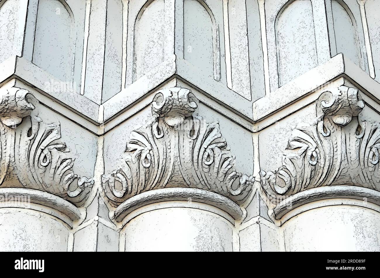 Abstrakte Kirchensäulen bilden ein rundes, spitzes und flaches Muster in Weiß und Creme. Winkel sorgen für Tiefe und Gleichförmigkeit. Stockfoto