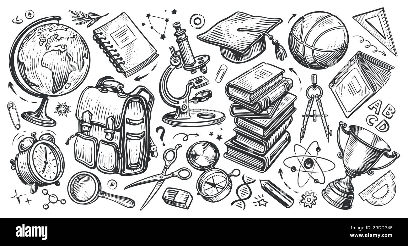 Schulkonzept. Sammlung von Ausbildungselementen. Von Hand gezeichnete Skizze, Doodle-Vektordarstellung Stock Vektor