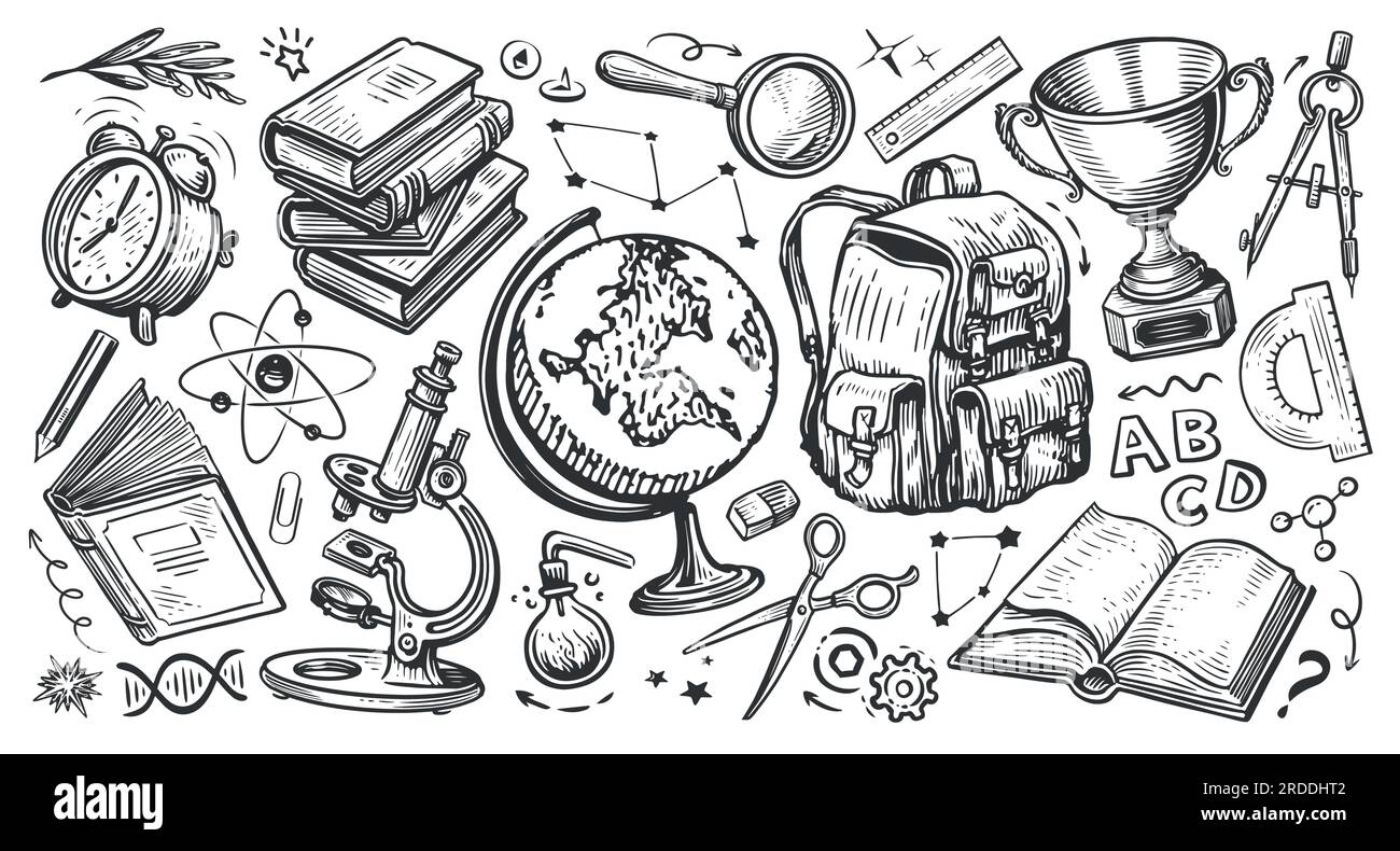 Set mit Schulgegenständen. Darstellung einer Vektorskizze im handgezeichneten Doodle-Stil. Zurück zur Schule, Konzept Stock Vektor