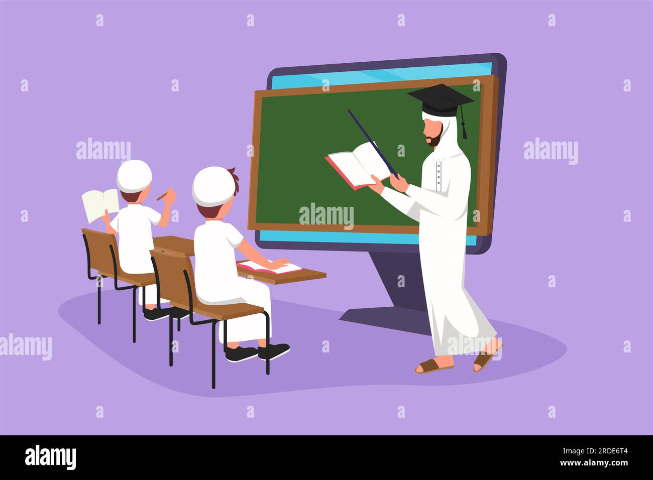 Ein Trickfilm im flachen Stil mit einem arabischen Lehrer, der vor dem Bildschirm steht, ein Buch hält und zwei Schüler der Mittelstufe unterrichtet, die auf C sitzen Stockfoto