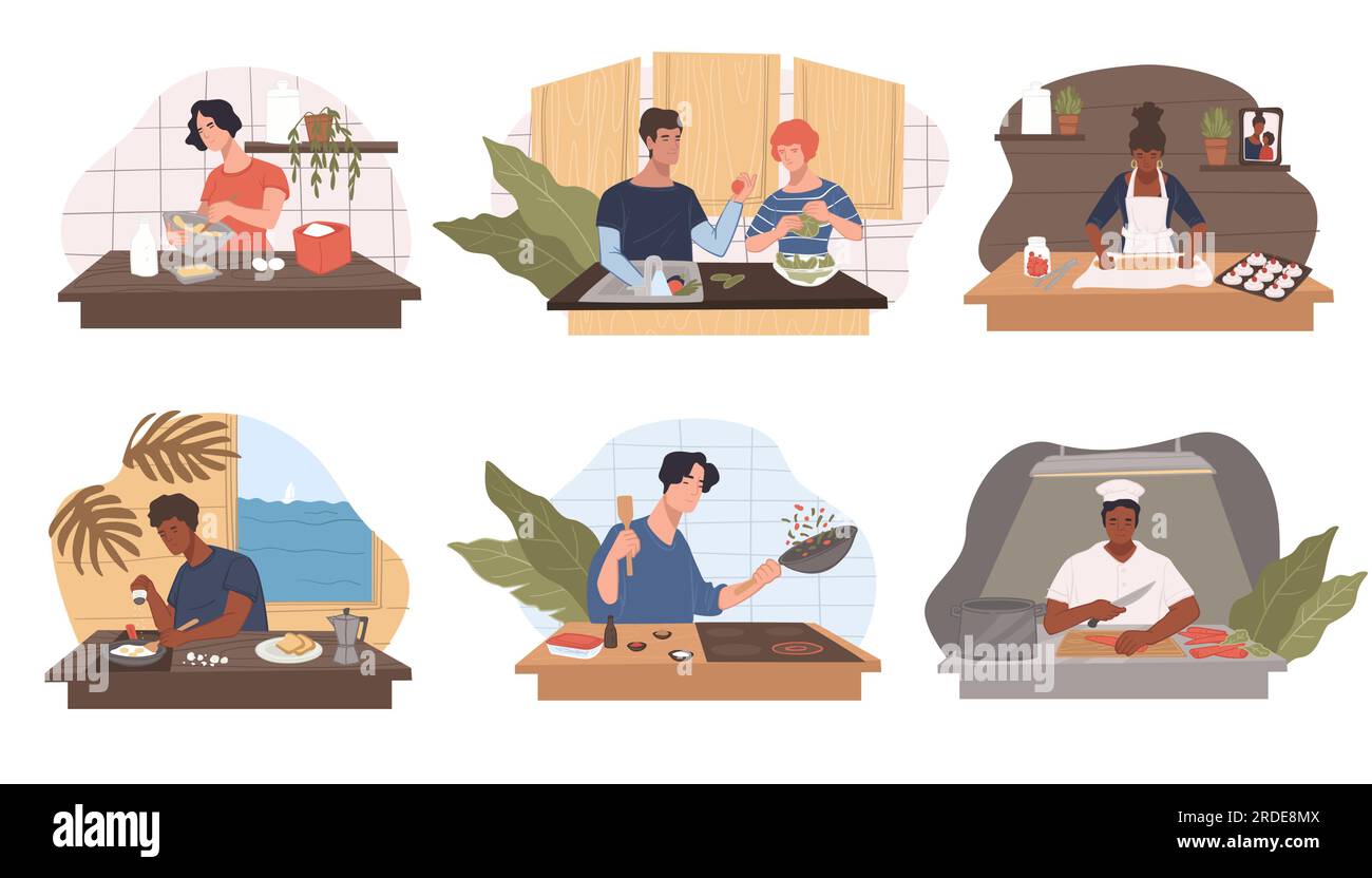 Männliche und weibliche Charaktere, die Speisen zum Abendessen oder Mittagessen zubereiten. Personen, die in der Küche, im Café oder im Restaurant arbeiten. Hobby oder kulinarisch und Bäckerei c Stock Vektor