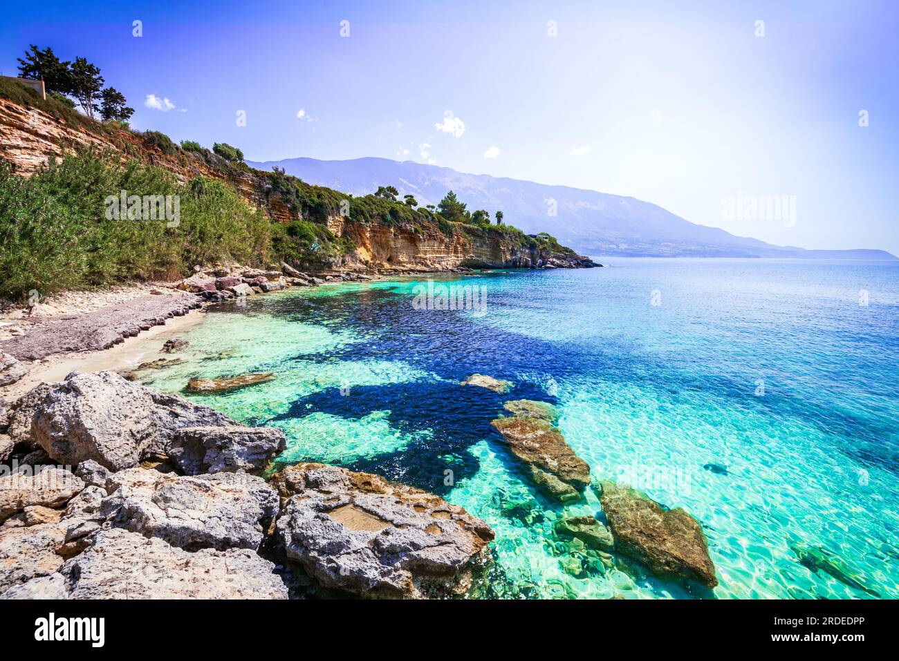 Kefalonia, Griechenland. Pessada Beach kleiner, wilder, malerischer Strand auf der Insel Cephalonia, griechisch-Ionisches Archipel Stockfoto