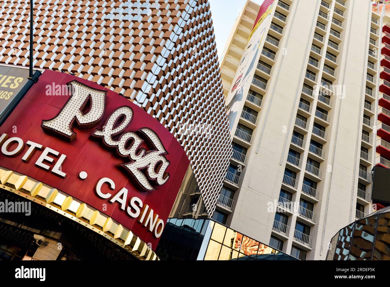 Das Plaza Hotel und Casino an der Main Street & Fremont, Las Vegas. Stockfoto