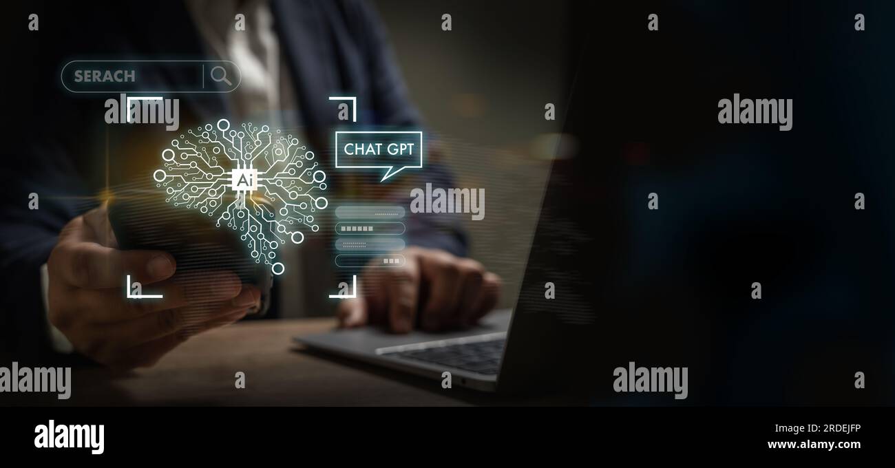 Geschäftsmann, der Chatbot Chat GPT Chat mit AI Künstliche in Smartphone Intelligence Ai Future Chat Roboter Conversation Assistant Sprachnachricht Futur verwendet Stockfoto