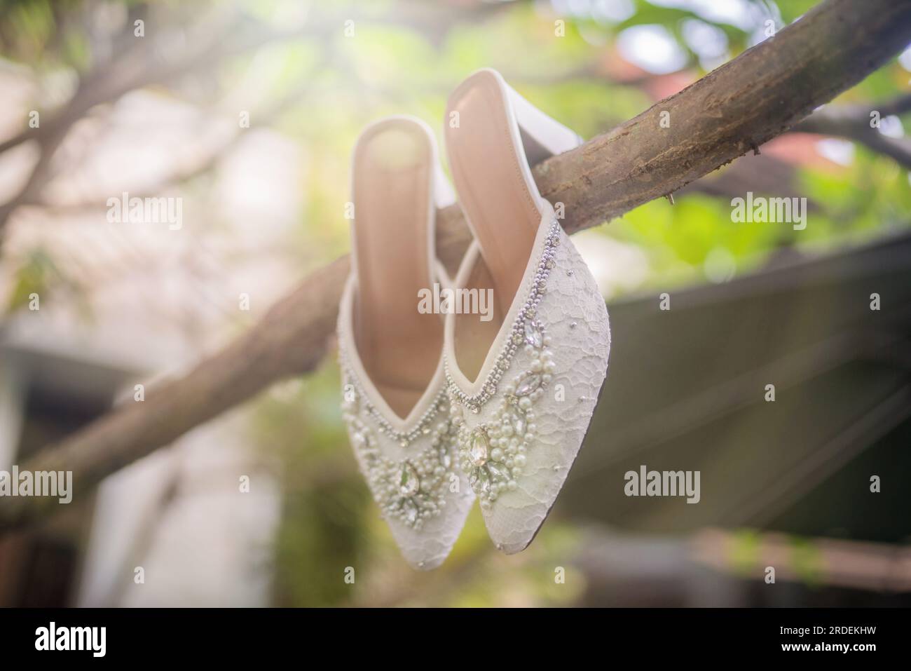 Hochzeitsschuhe mit spitzen Zehen. Schuhe mit hohen Absätzen. Frauenfüße in luxuriösen Sommerschuhen für Damen. Elegante Hausschuhe für Damen auf dem Boden. Fash Stockfoto
