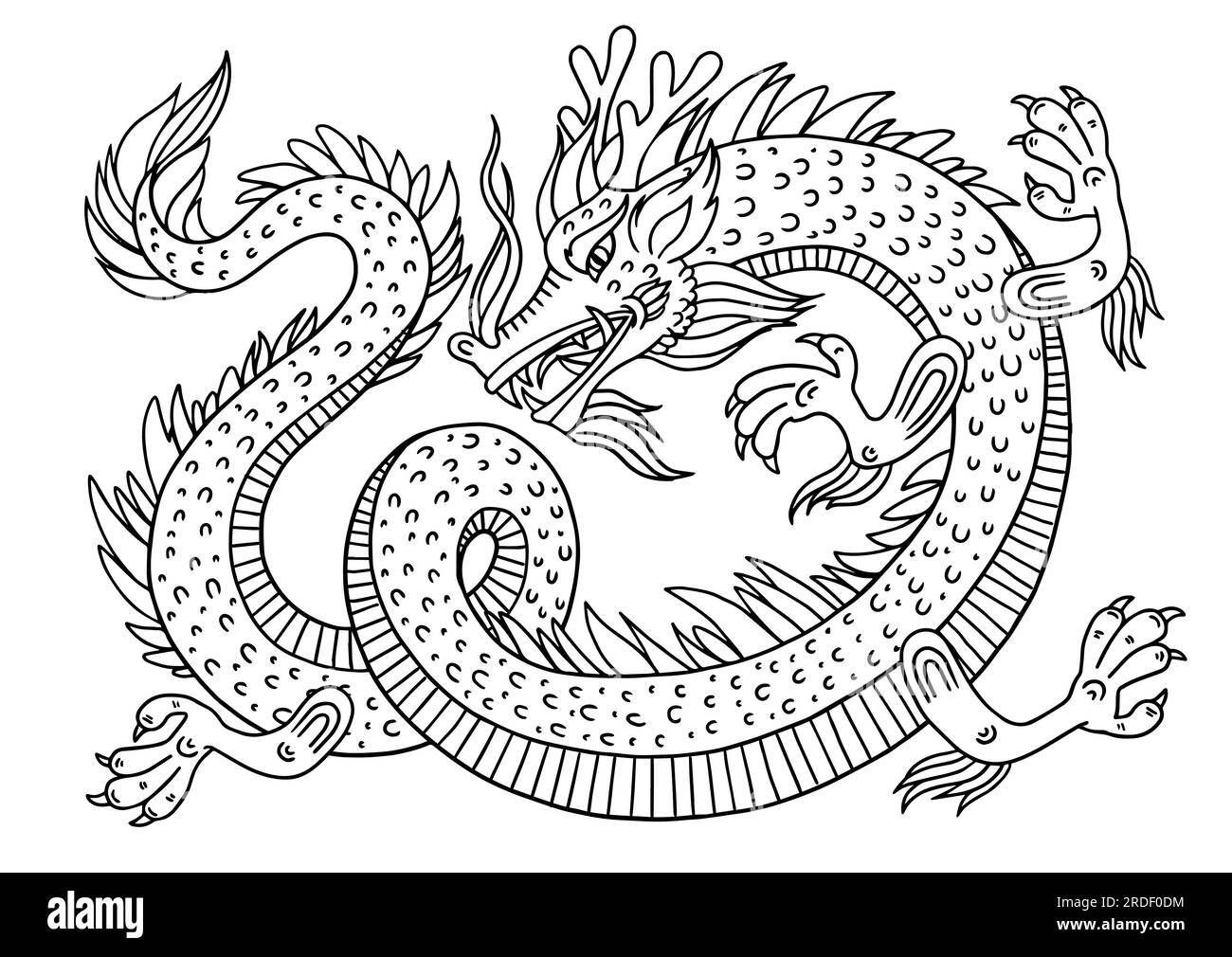 Schwarzer Konturdrache auf weißem Hintergrund. Chinesisches Neujahr. Vektorlinien für Malbuch, Tattoo-Design Stock Vektor