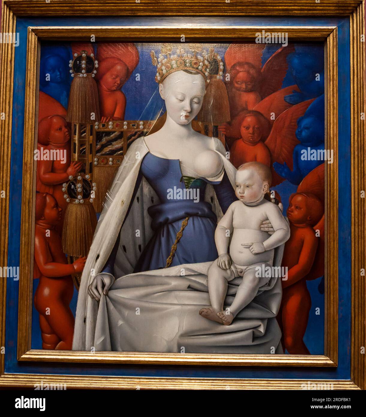 Jungfrau und Kind umgeben von Engeln von Jean Fouquet. c. 1454, Old Masters Museum, Royal Museum of Fine Arts, Antwerpen, Belgien Stockfoto