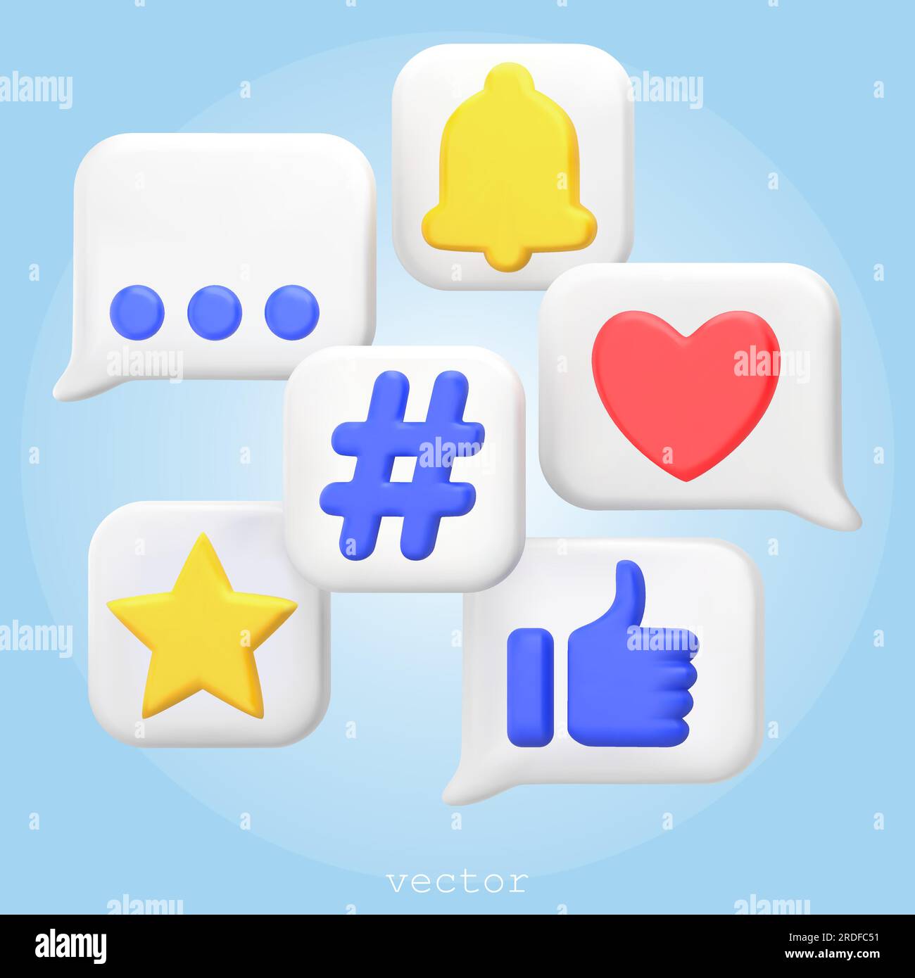 3D Rendern von Social-Media-Symbolen. Sprechblasen mit Zeichen. Gefällt mir, Favoriten, Hashtag, Benachrichtigungen. 3D Symbole für Webdesign, mobile Apps, Social medi Stock Vektor