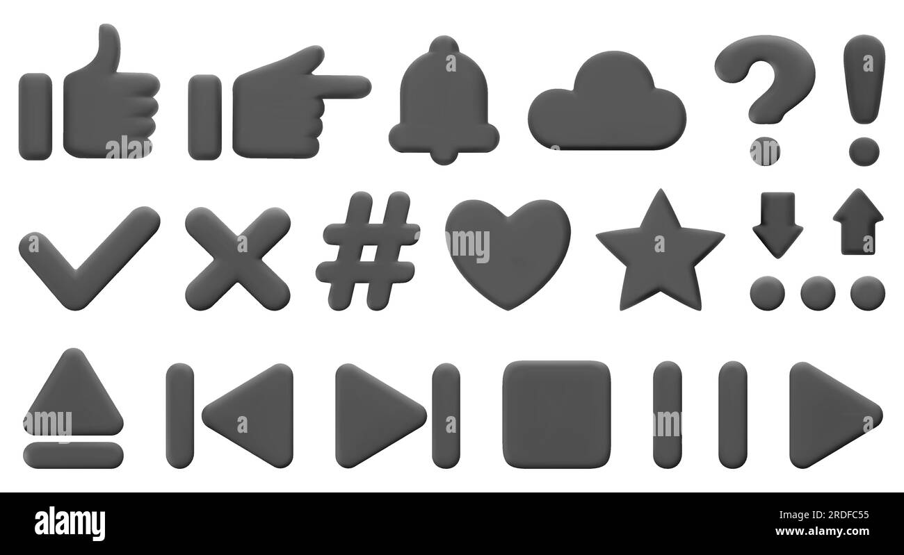 3D Symbole und Zeichen. Wie Herz, Fragezeichen, Stern, Play-Taste, Pfeile. Für Webseiten, mobile Anwendungen, soziale Medien. 3D-Vektorsymbole werden isoliert Stock Vektor