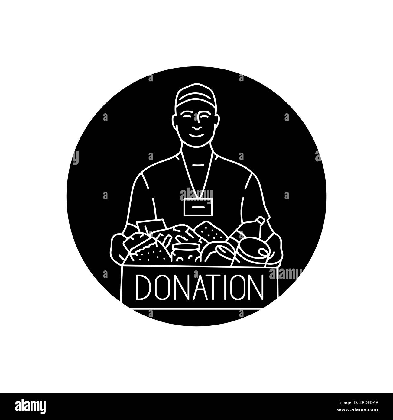 Lächelnder männlicher Freiwilliger mit schwarzem Symbol für „Food in Box“. Spende Essen. Piktogramm für Webseite, mobile App, Werbeaktion. Stock Vektor