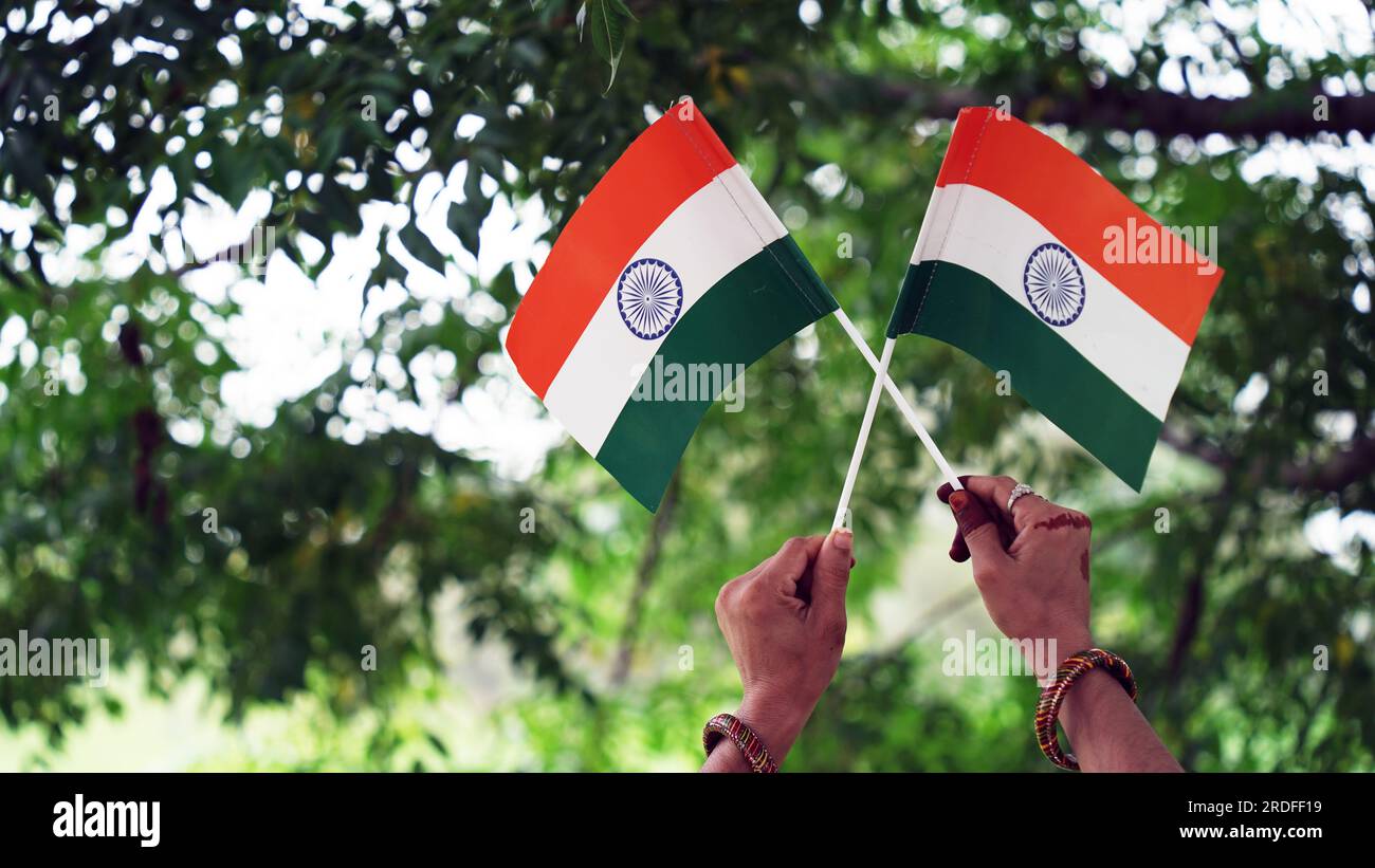 Die indische Flagge ist elegant, mit drei Farben und einem Kreis in der Mitte. Stockfoto