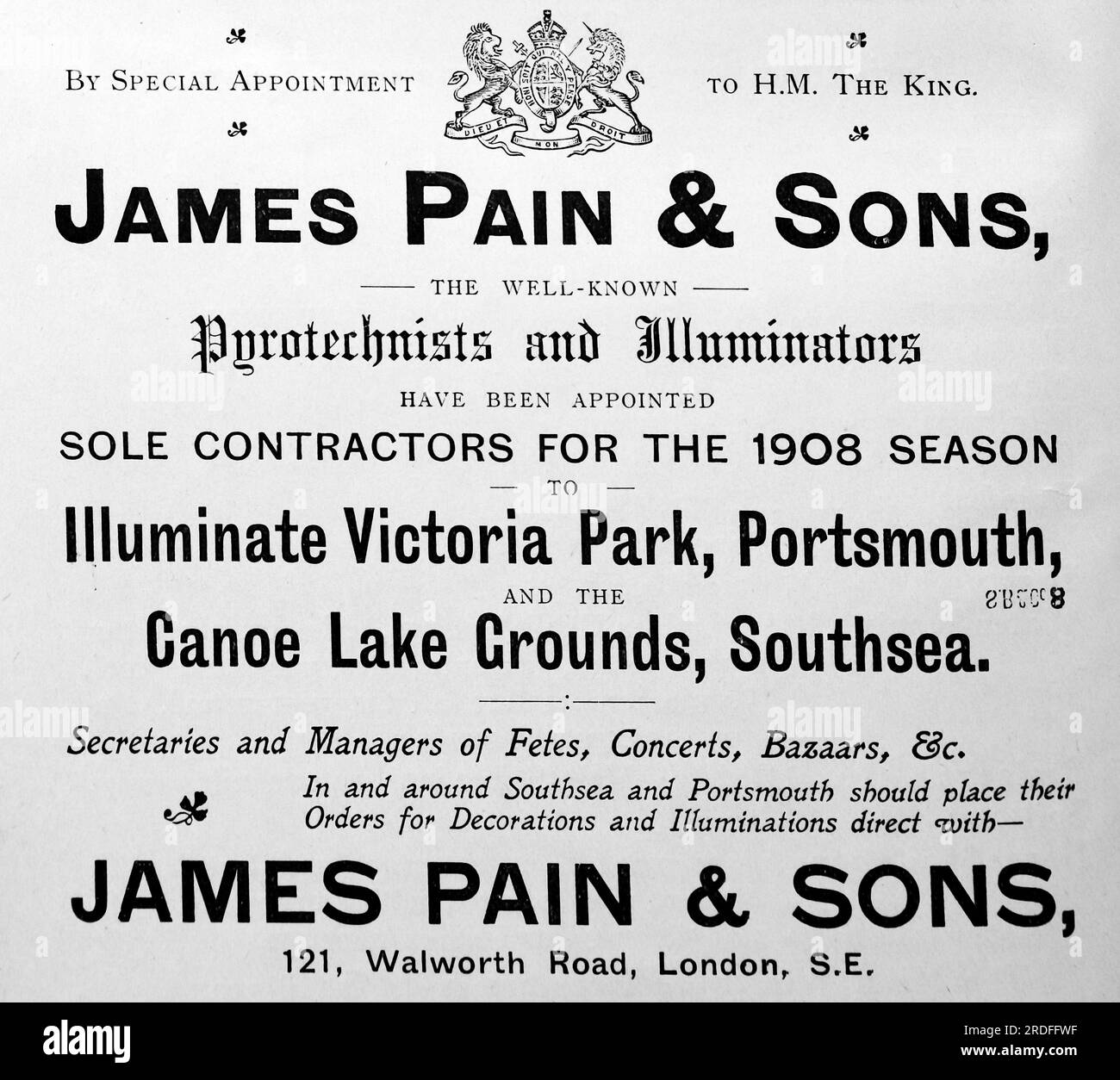 Werbung für James Pain und Söhne, Pyrotechniker und Strahler der Walworth Road London 121. Verantwortlich für die Beleuchtung im Victoria Park, Portsmouth und Canoe Lake Grounds, Southsea. Aus einer Sammlung gedruckter Anzeigen und Fotos von 1908, die sich auf die Southsea und Portsmouth Gegenden von Hampshire, England, beziehen. Einige der Originale waren kaum größer als die Snapshot-Größe und die Qualität war variabel. Stockfoto