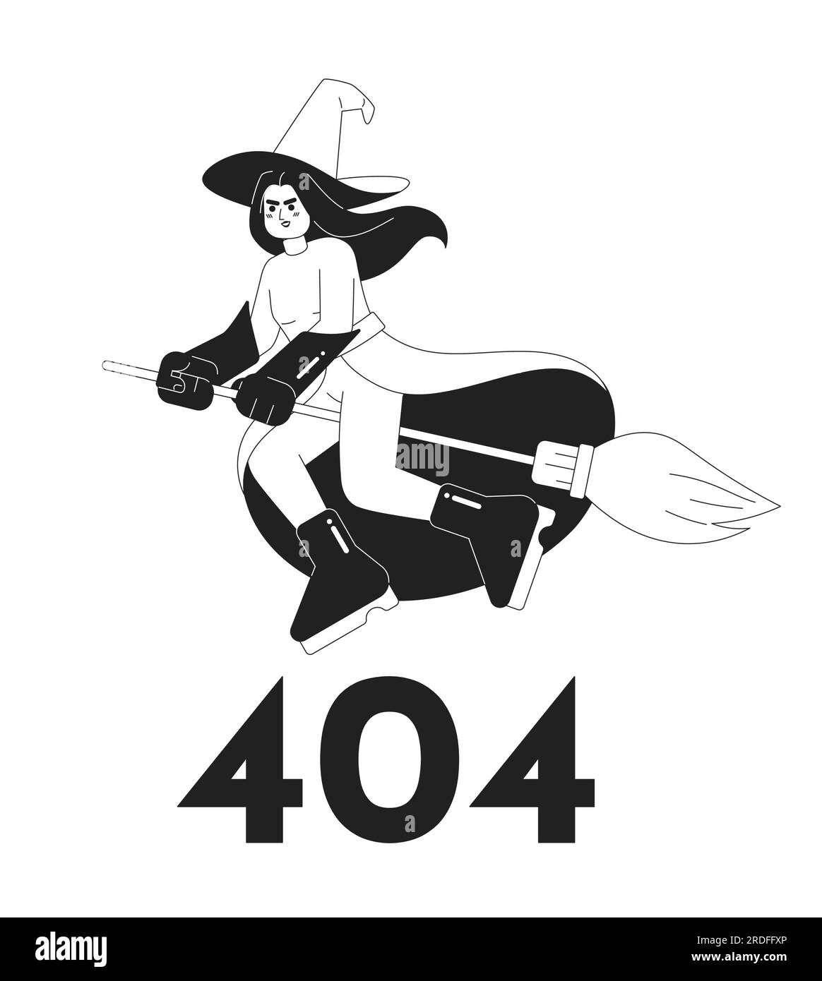 Hexcraft schwarz-weiß Fehler 404 Flash-Meldung. Die böse Hexe fliegt auf dem Besenstiel Stock Vektor