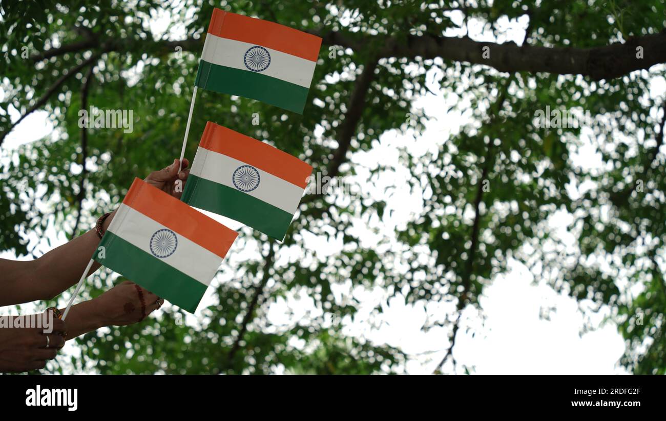 Die indische Flagge ist elegant, mit drei Farben und einem Kreis in der Mitte. Stockfoto