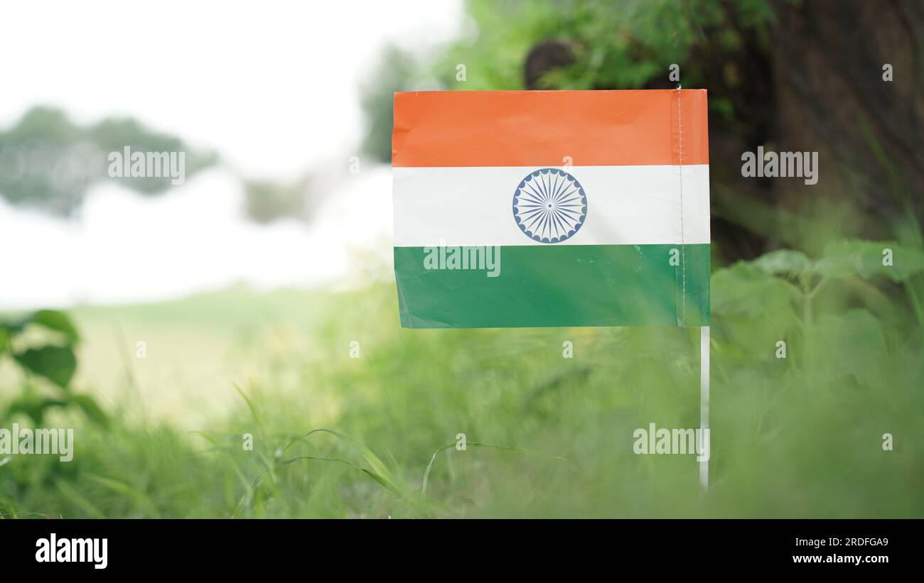 Die indische Flagge ist elegant, mit drei Farben und einem Kreis in der Mitte. Stockfoto