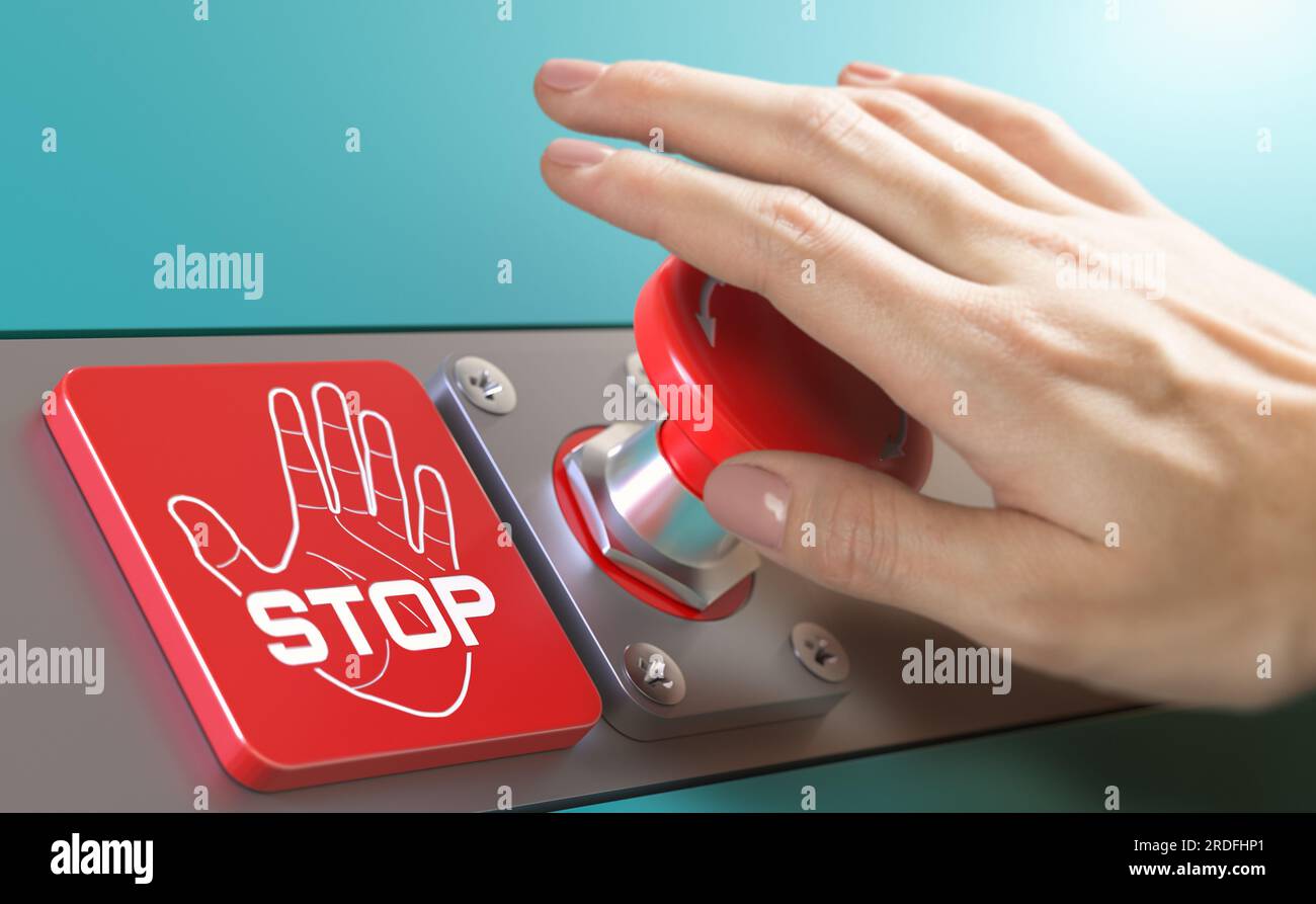 Frauenhand, die einen Stopp-Knopf drückt. Protestkonzept. Stockfoto