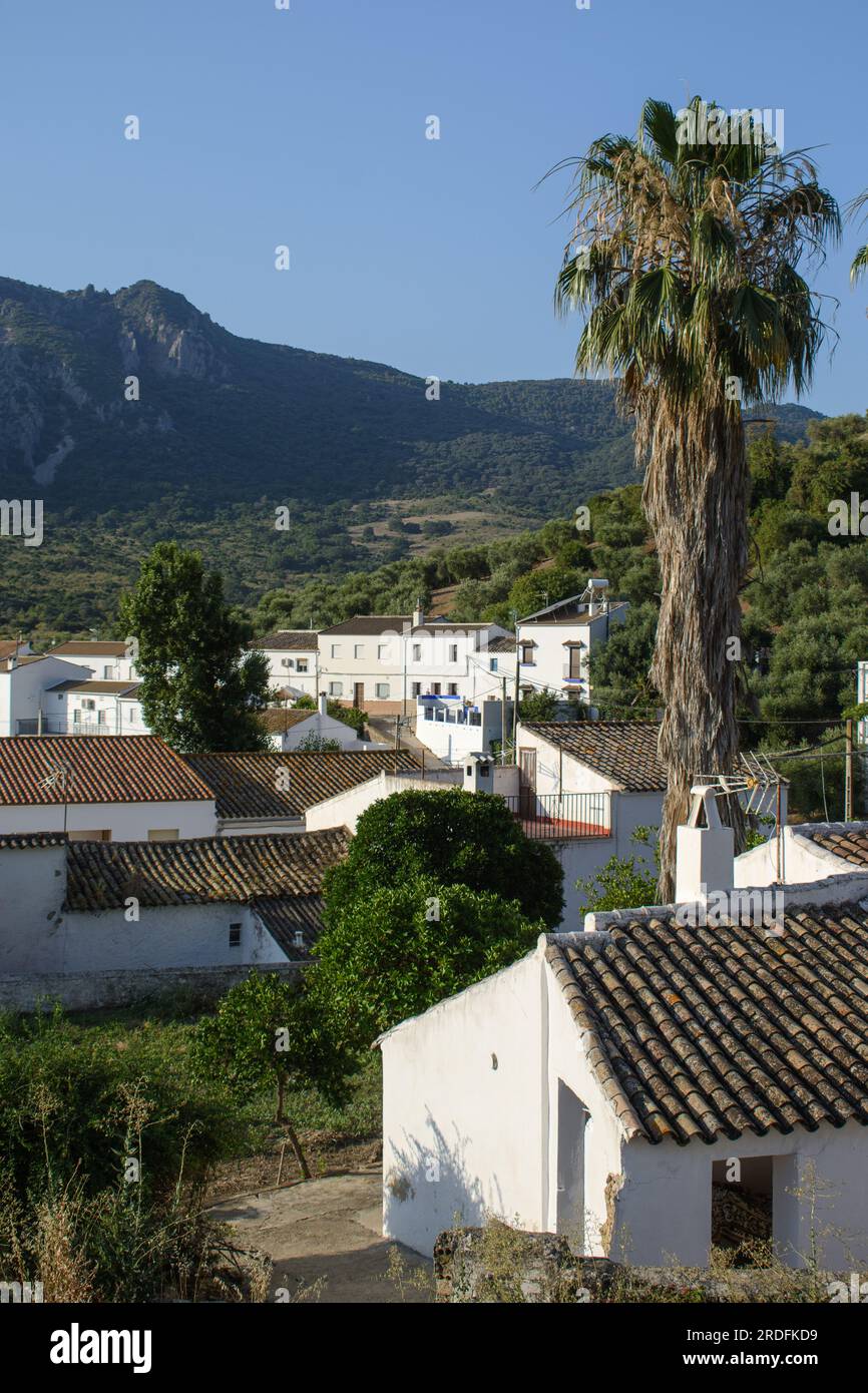 La Muela, Cádiz, Spanien. Kleines, attraktives abgelegenes Dorf. Blick über das Dorf von der Calle Virgen del Carmen. Stockfoto