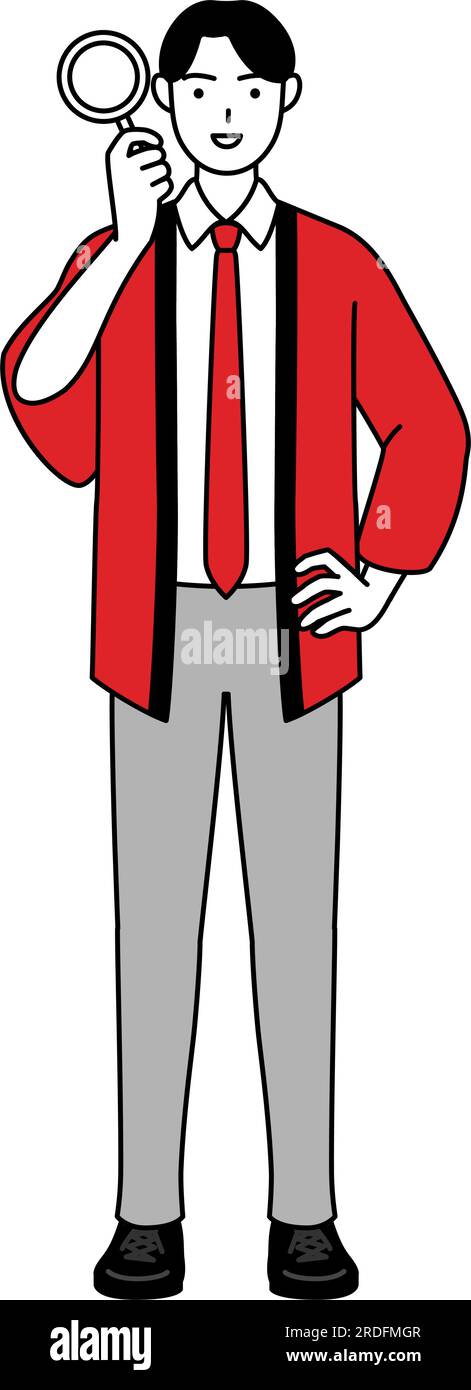 Ein Mann in einem roten Happi-Mantel, der durch eine Lupe schaut, Vektor-Illustration Stock Vektor