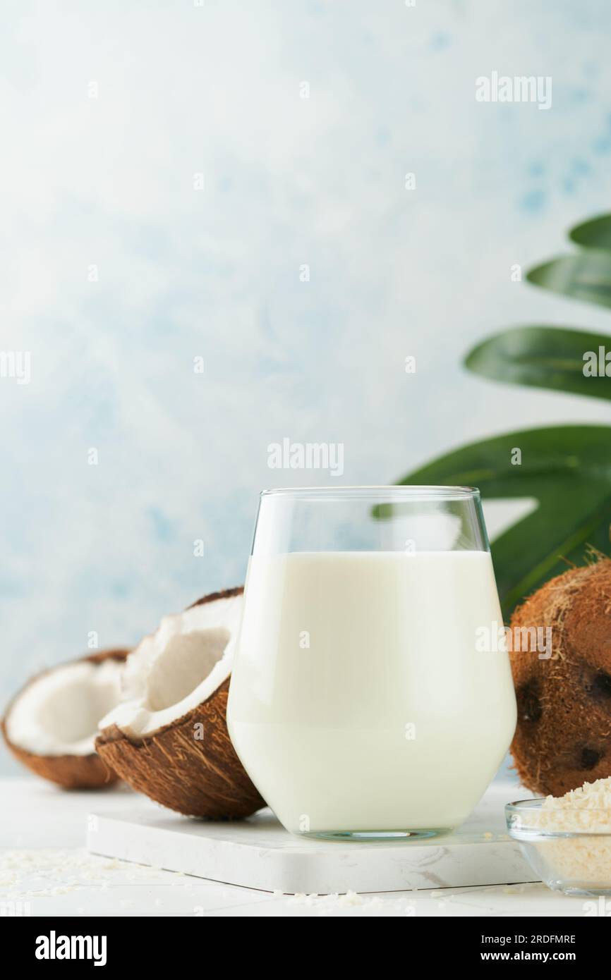 Glas Kokosmilch und Kokosnuss Nahaufnahme auf weißem Hintergrund mit Platz für Text. Vegane Kokosmilch ohne Milchprodukte oder Milchprodukte. Gesund Stockfoto