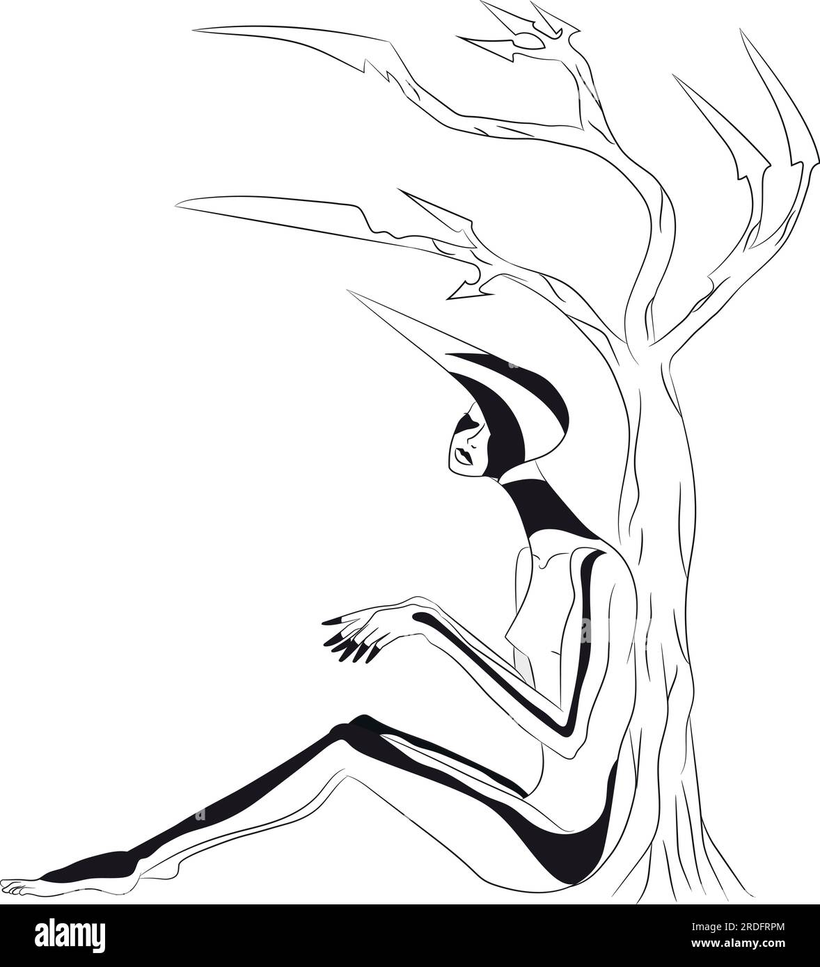 Abstraktes Porträt einer Frau mit schwarzen Linien am Körper und einem spitzen Kopfschmuck in der Nähe eines scharfen Baumes. Handgezeichnete leere Kontur isoliert auf einem weißen Ba Stock Vektor