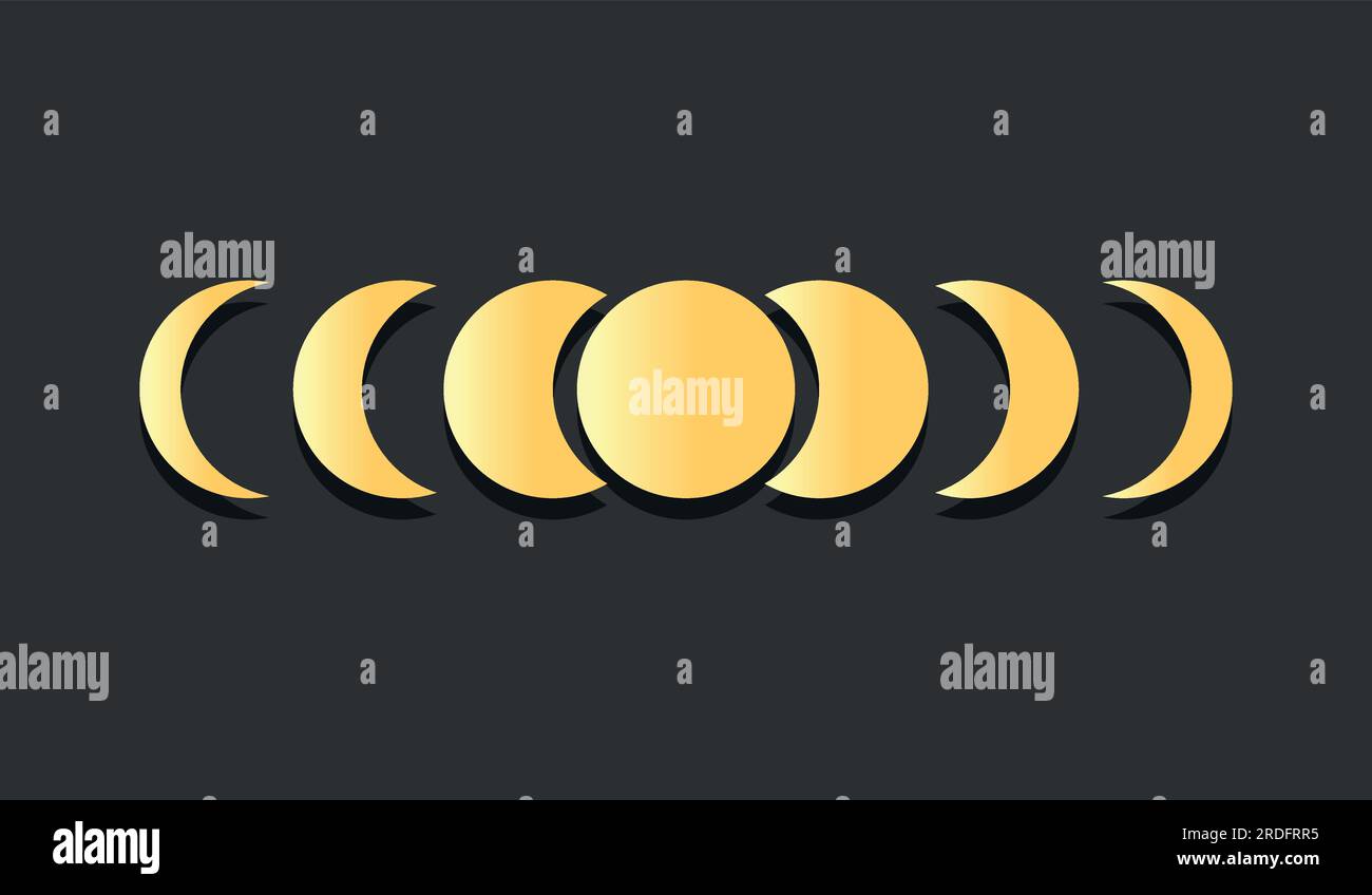 Mondphasensymbol auf schwarzem Hintergrund. Goldmond und Halbmond. Vektordarstellung Stock Vektor