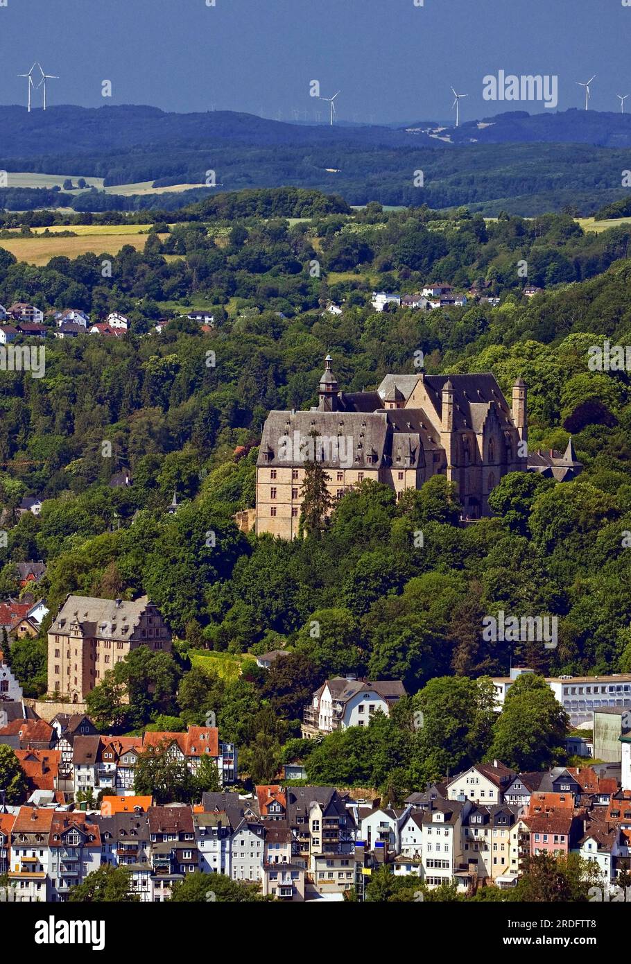 Blick auf die Stadt auf das Schloss und die Altstadt, Marburg an der Lahn, Hessen, Deutschland Stockfoto