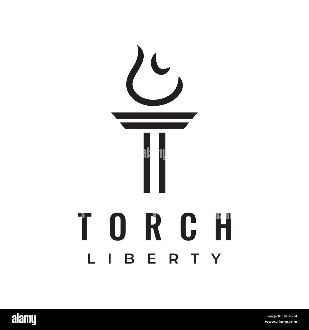 Logo der minimalistischen Liberty-Taschenlampe. Taschenlampe mit einfacher Form. Eleganter Buchstabe T, Feuer und Säule. Stock Vektor