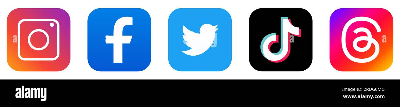 Instagram-, Facebook-, Twitter-, Tik Tok-, Thread-Logos. Social-Media-App. Design kann für Web- und mobile Apps verwendet werden. Vektordarstellung Stock Vektor