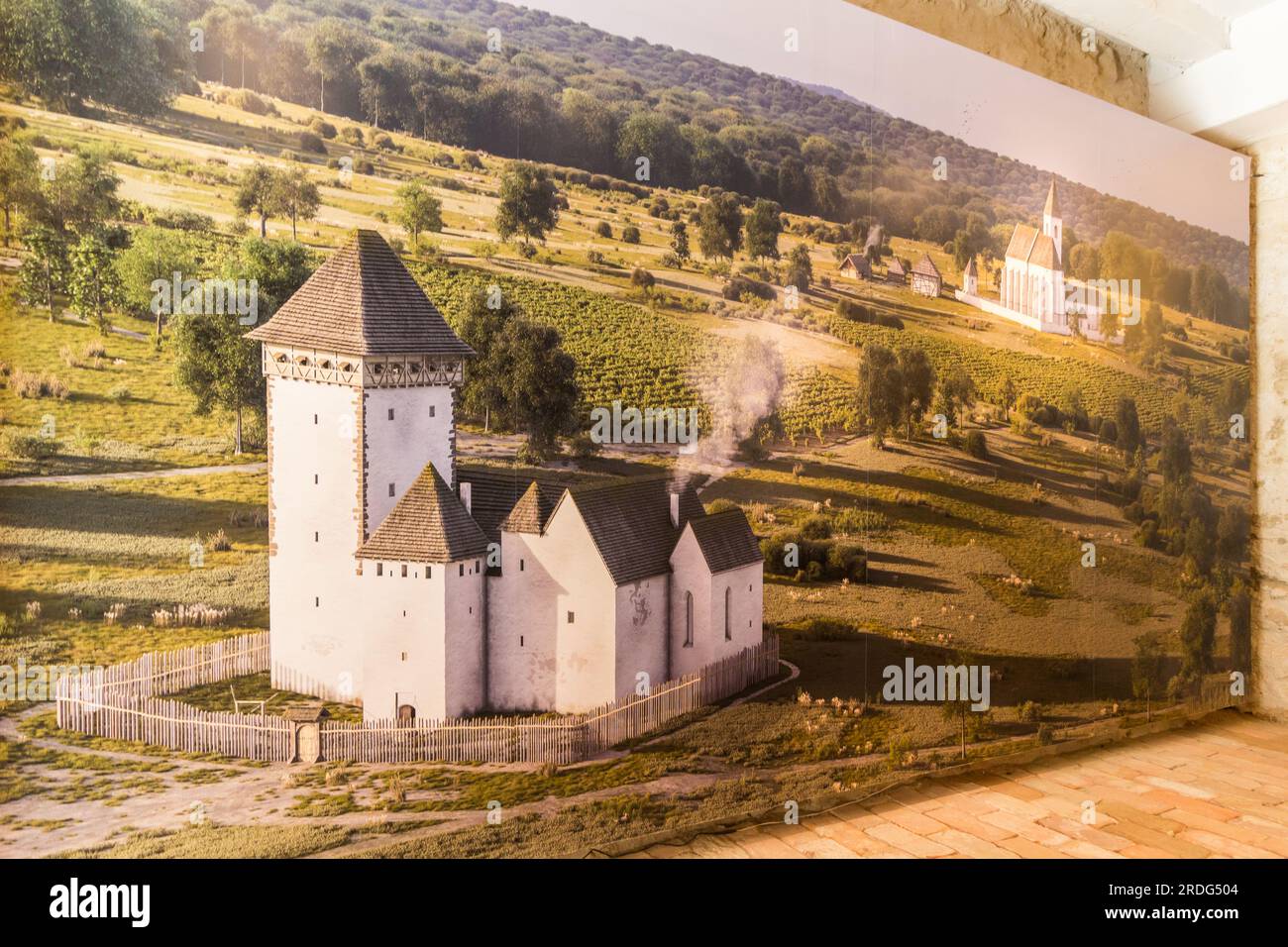 Visualisierung von Kinizsi var (Schloss Kinizsi) und Umgebung im 15. Jahrhundert, Nagyvazsony, Ungarn Stockfoto