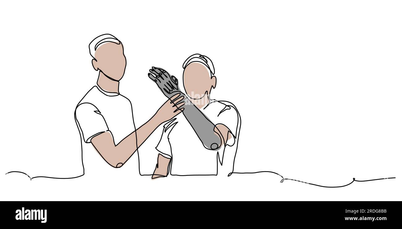 Zwei Männer demonstrieren Prothesen für Arm, Hand und Gliedmaßen. Eine kontinuierliche Strichzeichnung, Vektordarstellung eines Menschen mit Armprothesen Stock Vektor