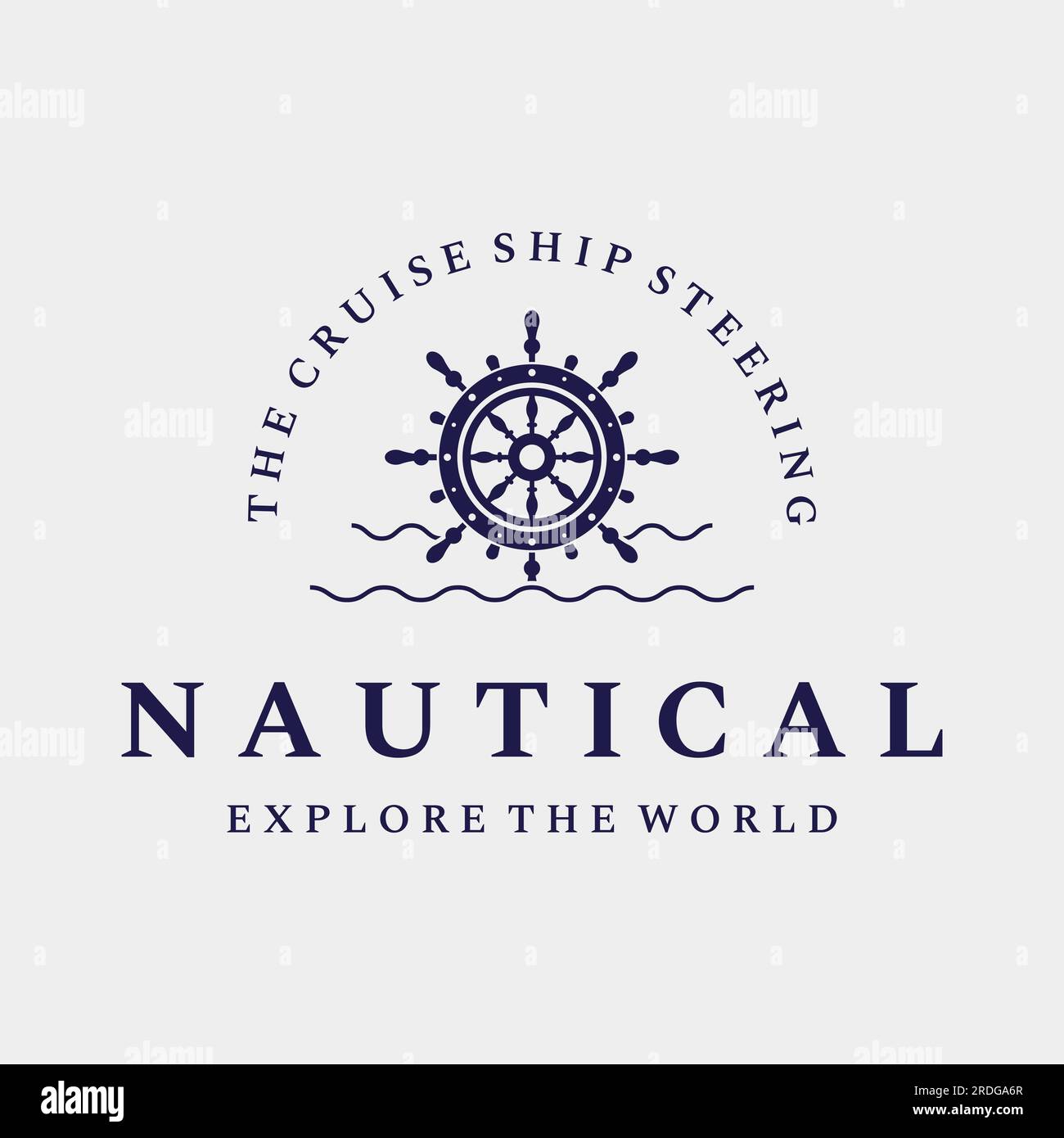 Kreuzfahrtruder-Logo mit Meereswellen, Retro-Seilen und Ankerplätzen. Logo für Unternehmen, Matrosen, Segeln. Stock Vektor