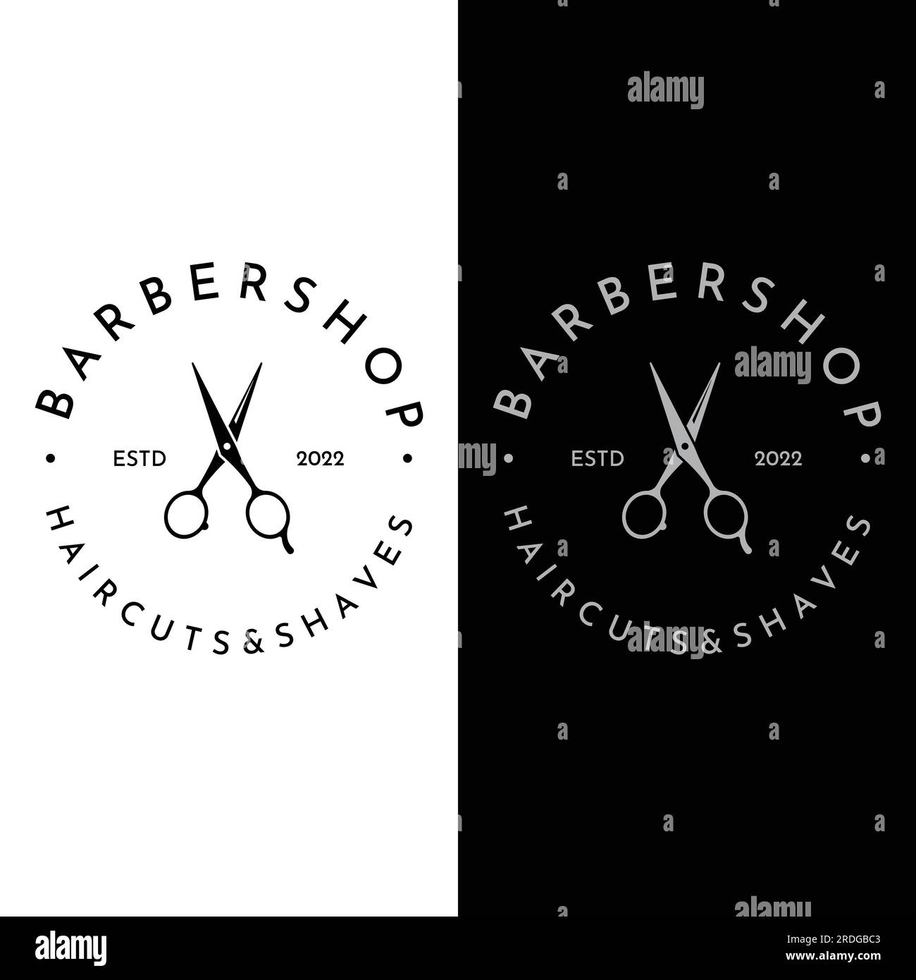 Kreatives und einfaches, klassisches Haarschnitt-Salon-Scheren-Logo isoliert auf schwarzem und weißem Hintergrund. Für Business, Friseur, Salon, Beauty. Stock Vektor