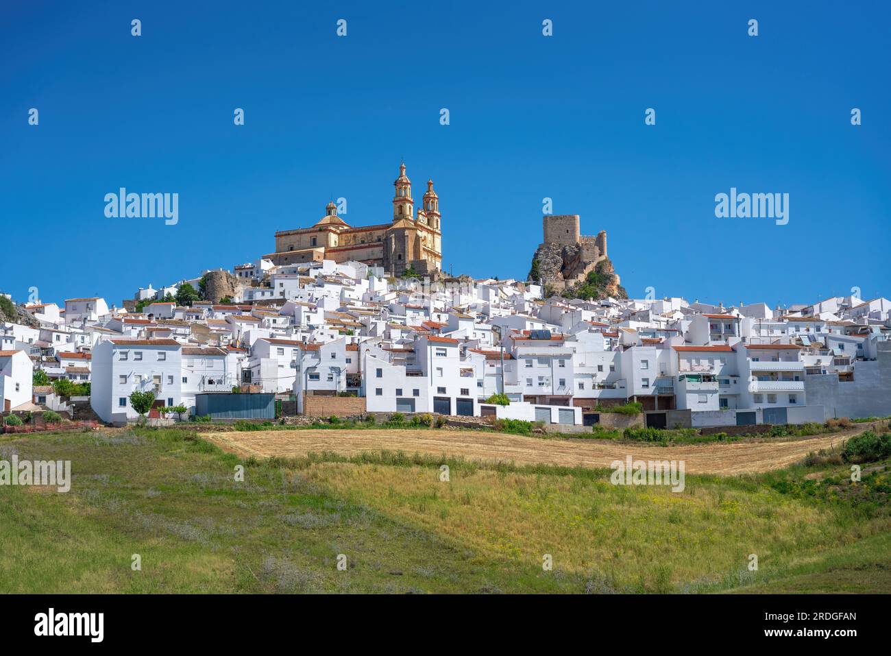Skyline von Olvera mit Schloss und Kirche Nuestra Senora de la Encarnacion - Olvera, Andalusien, Spanien Stockfoto
