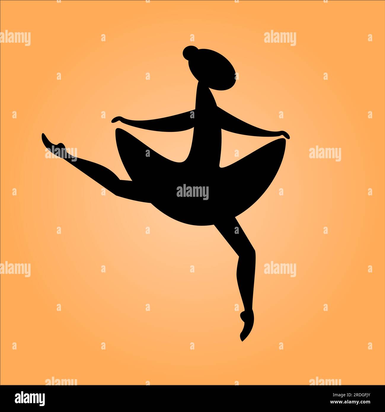 Silhouette einer Ballerina auf orangefarbenem Hintergrund. Tanzende Ballerina. Ballerina steht auf einem Bein. Stock Vektor