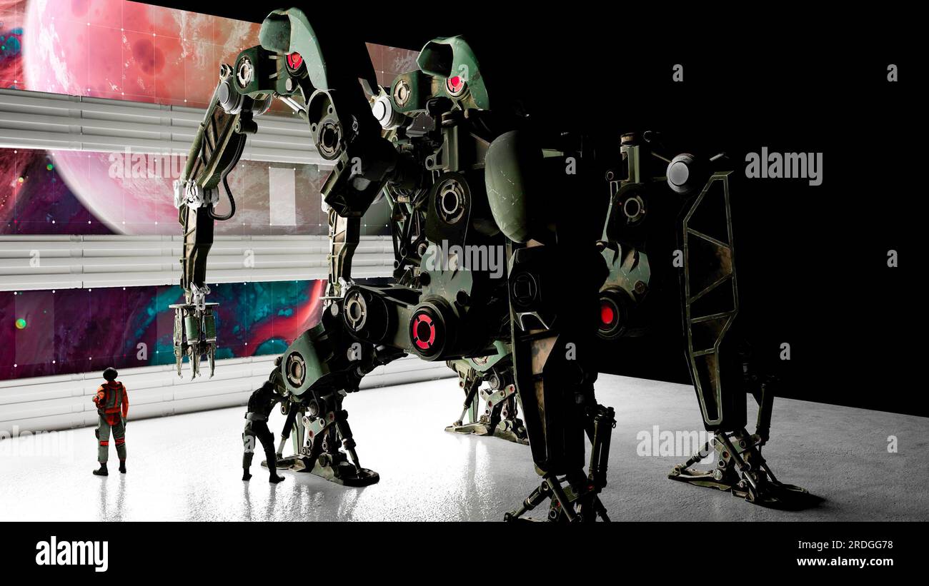 Technologie und Kriegsmaschinen, Science-Fiction, neue Welten erobern. Krieg zwischen Robotern. Hangars und Reparaturen. Militärroboter der Zukunft. Raumschiffe Stockfoto