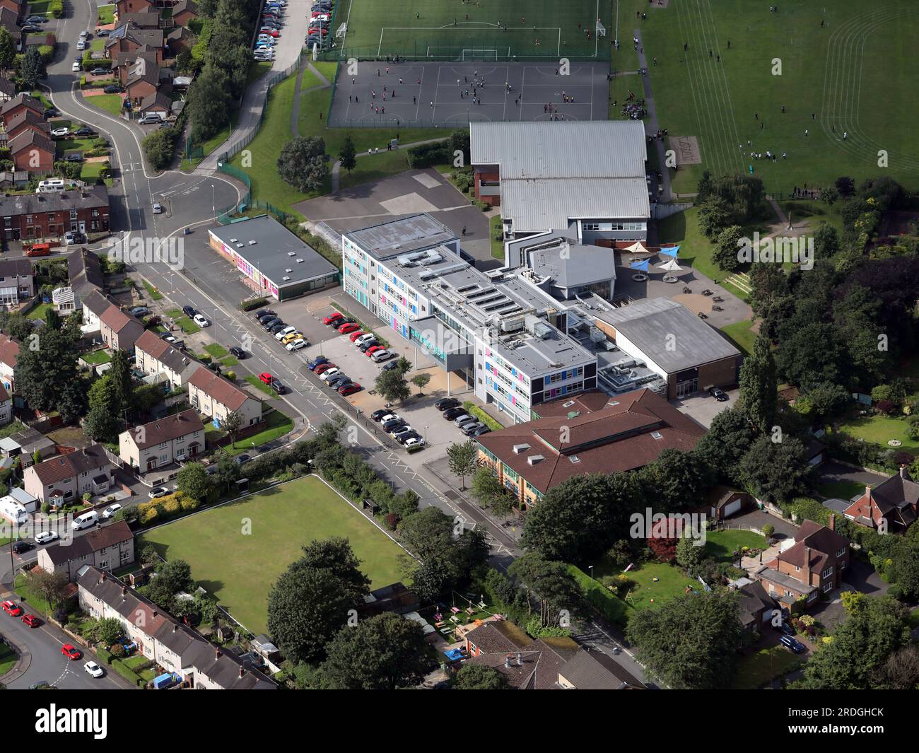 Luftaufnahme der Matthew Moss High School, einer Sekundarschule in Rochdale, Großraum Manchester Stockfoto