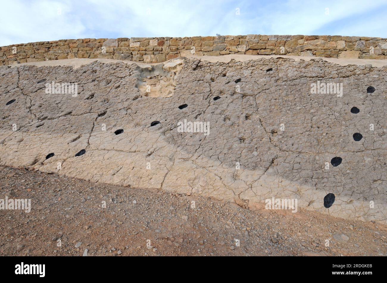 Ichnofossilien oder Spuren von Artiodaktylen Säugetierfußabdrücken. Diese paläontologische Stätte (La Fondota) befindet sich in Abiego, Huesca, Aragon, Spanien. Stockfoto