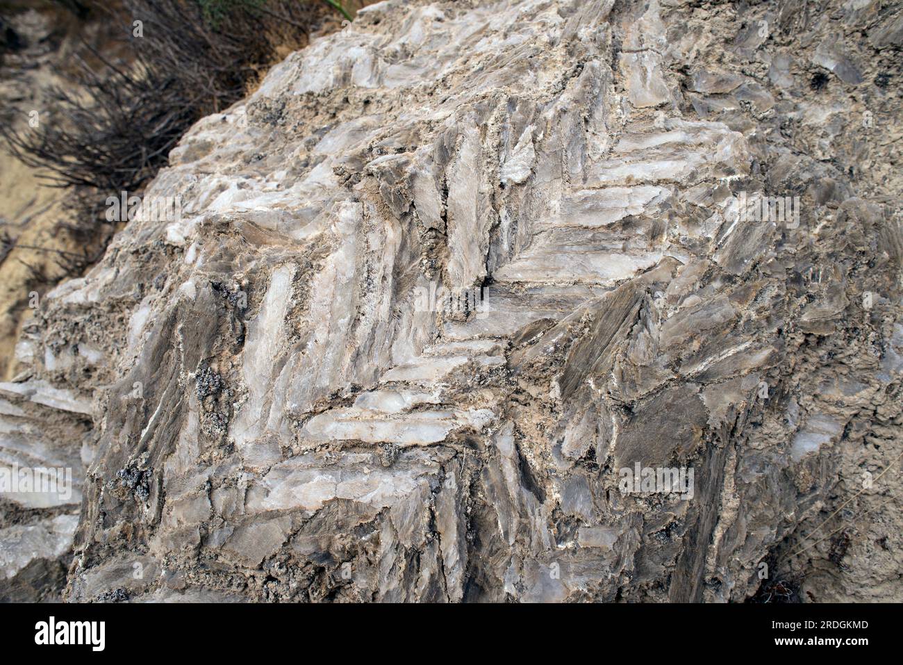 Gips auf Pfeilspitze. Gips ist ein Mineralstoff, der aus Calciumsulfat-Dihydrat besteht. Dieses Foto wurde in Sorbas, Almeria, Andalusien, Spanien aufgenommen. Stockfoto