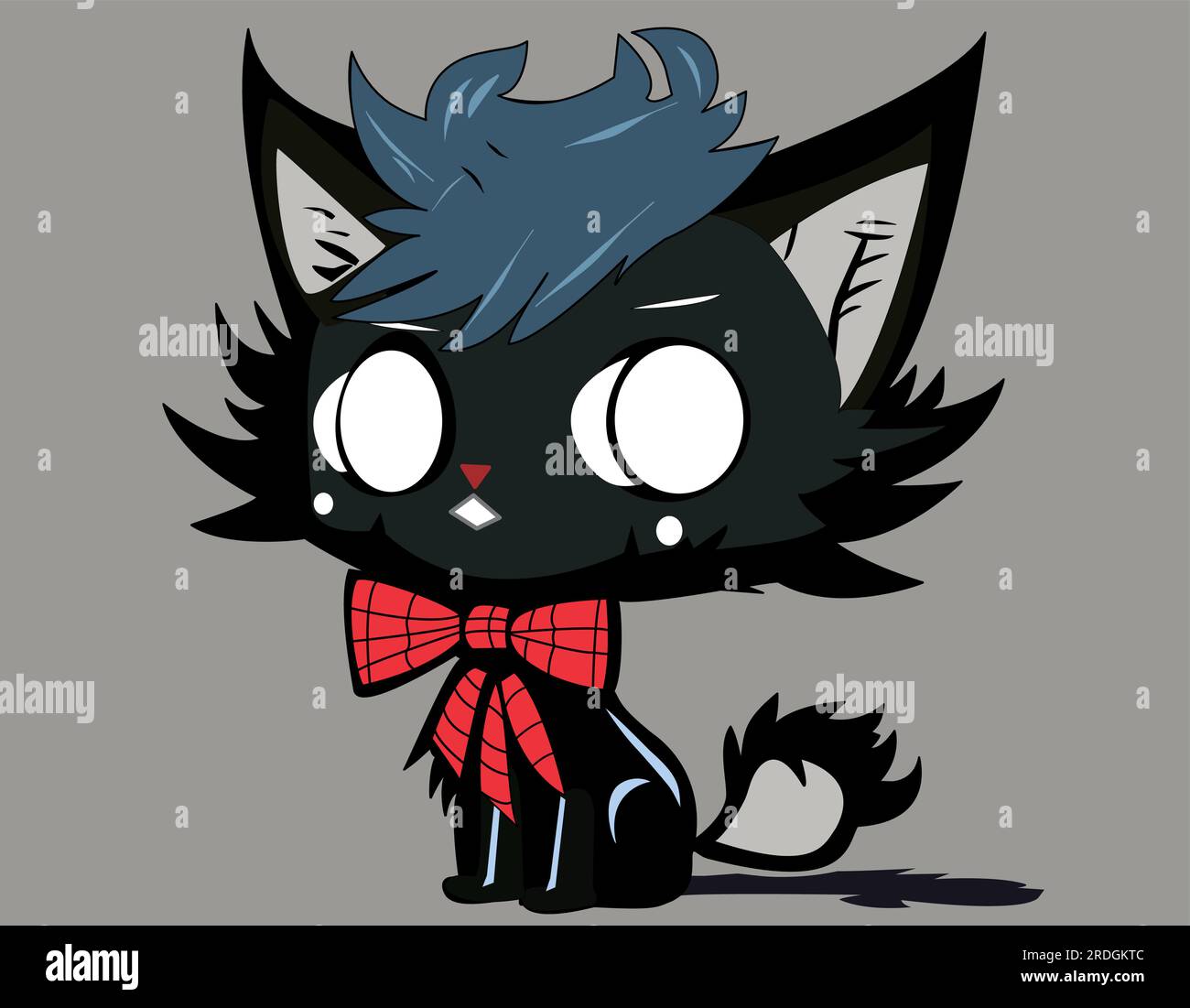 Schwarze Cartoon-Katze mit roter Schleife. Katze mit großen Augen und Kopf. Das Kätzchen sitzt und starrt Stock Vektor