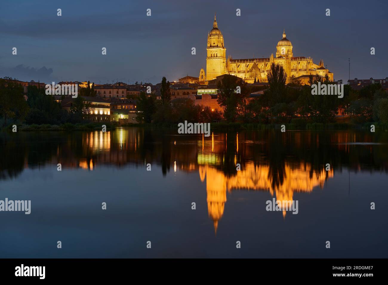Kathedrale von Salamanca bei Nacht Blick vom Fluss Tormes, Salamanca City, Spanien, Europa. Stockfoto